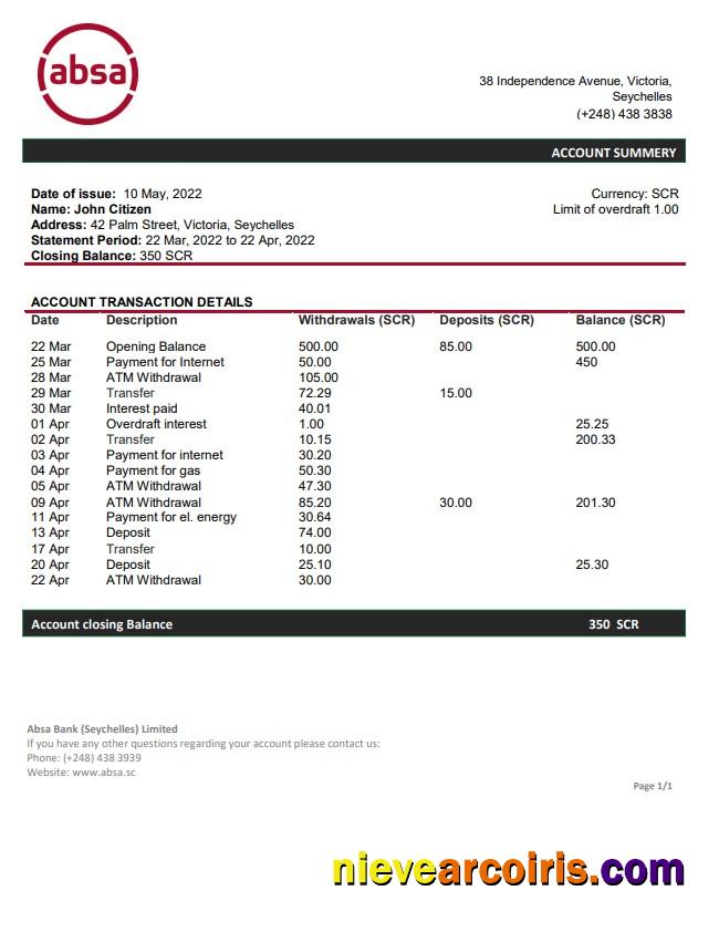Seychelles ABSA bank statement